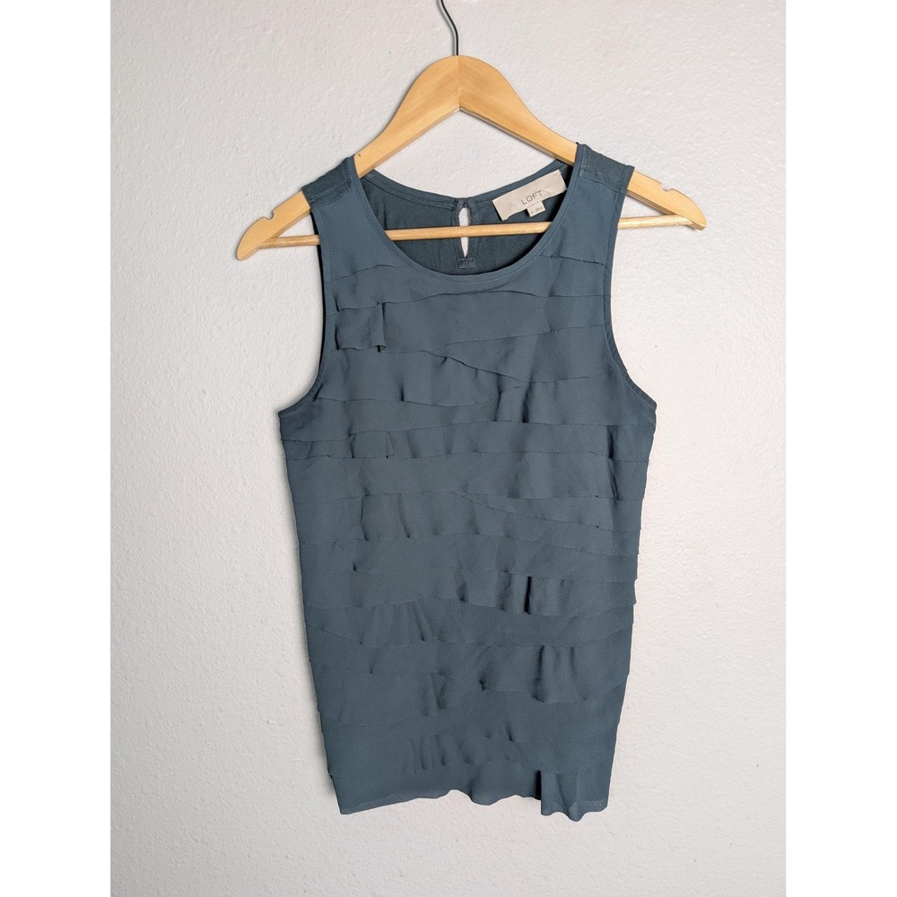 LOFT Blouse Womens S Blue Sleeveless Round Neck Chiffon Ruffle Button Relaxed